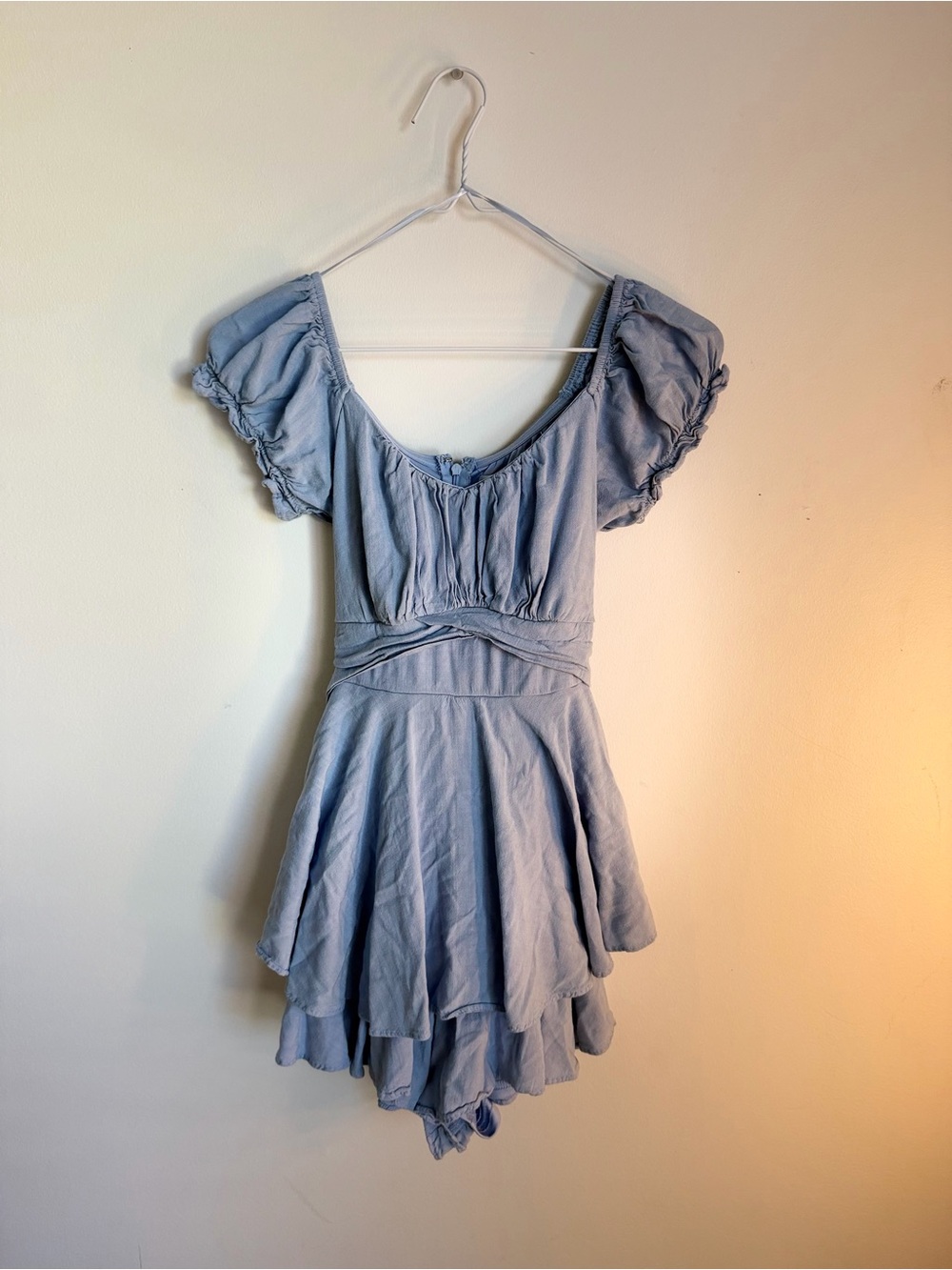 Light Blue Puff Sleeve Tiered Mini Dress/Romper